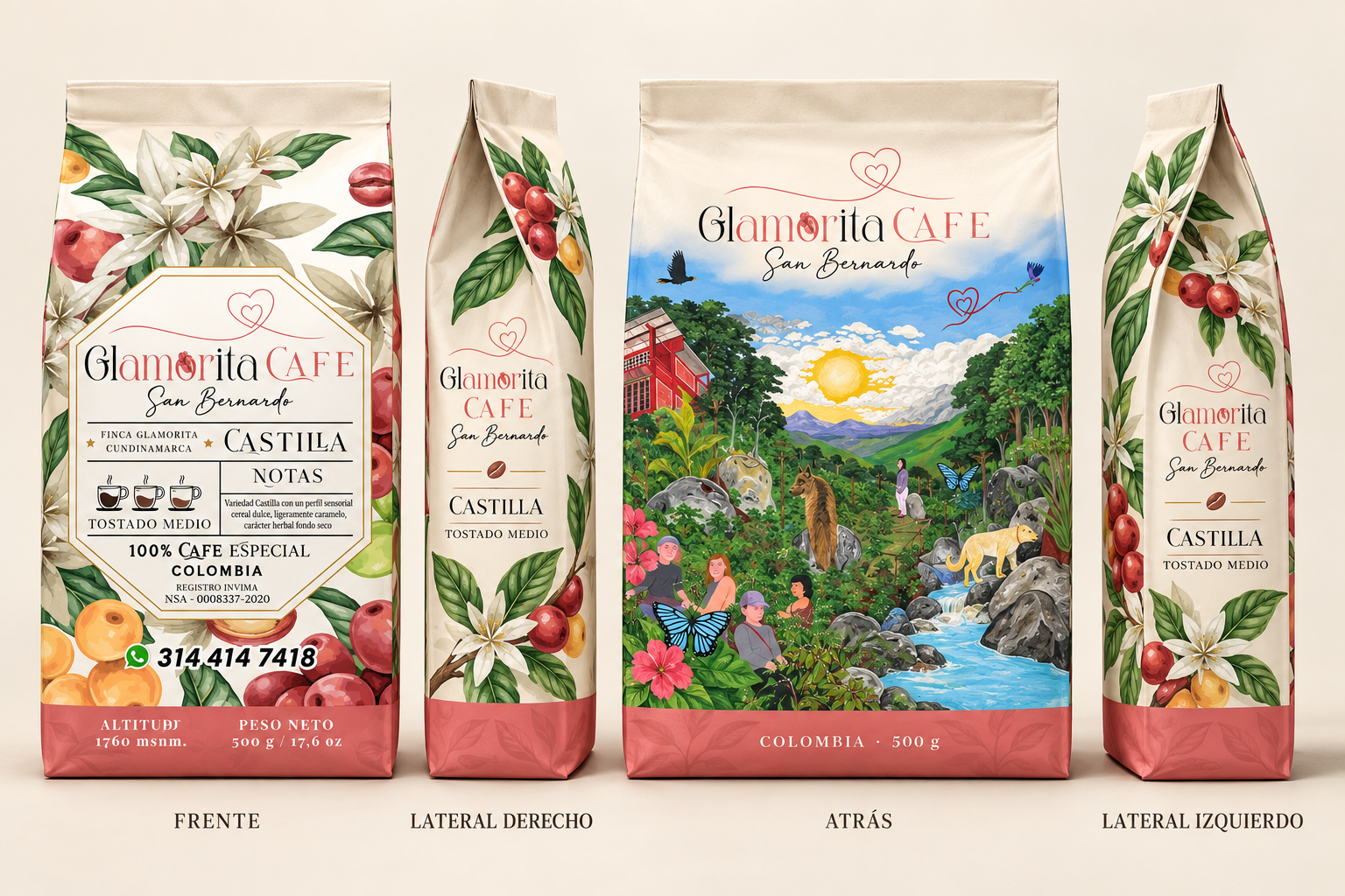 Presentación ilustrada del empaque de café Glamorita Castilla