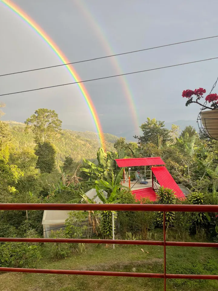 Arcoíris sobre las montañas y la vegetación de la finca